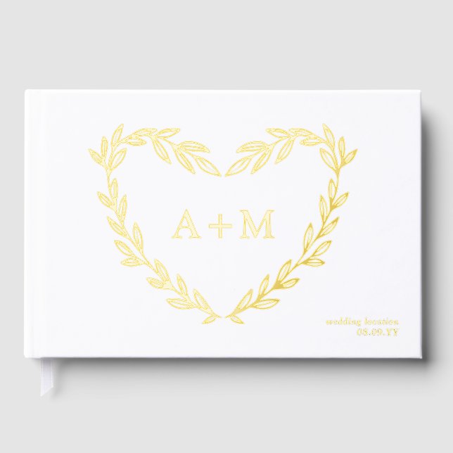 Goldfoil Herzkranz 2 Erstmalige Monogramm-Hochzeit Gästebuch (Vorderseite)