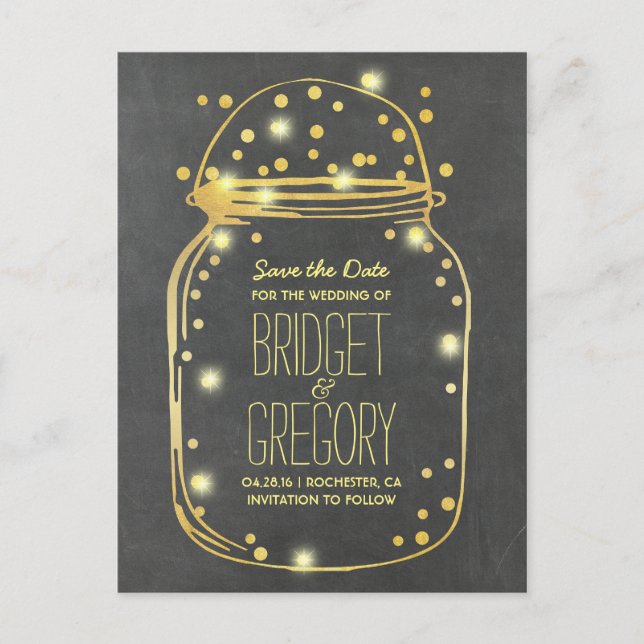 Goldfoil Mason Jar - Confetti Save the Date Ankündigungspostkarte (Vorderseite)