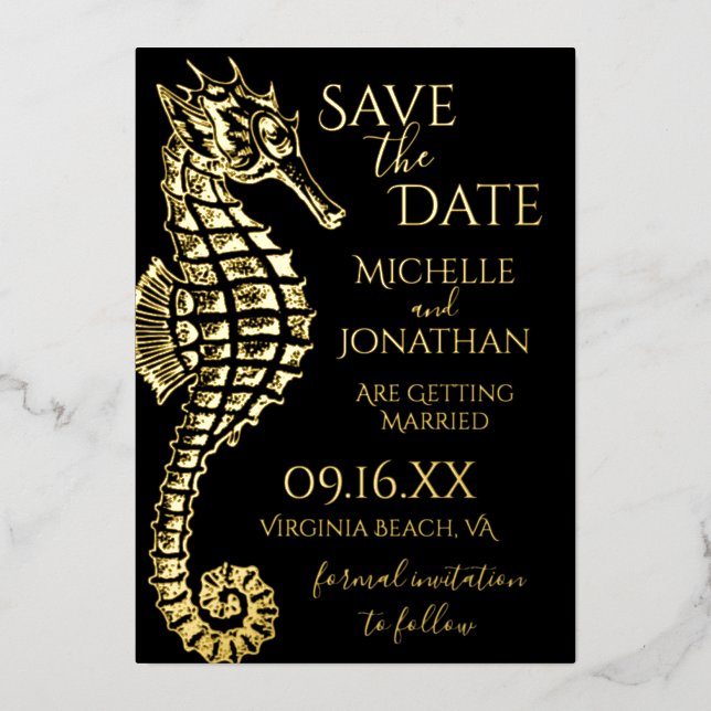 Goldfoil Seepferd Beach Hochzeit Save the Date Folieneinladung (Vorderseite)