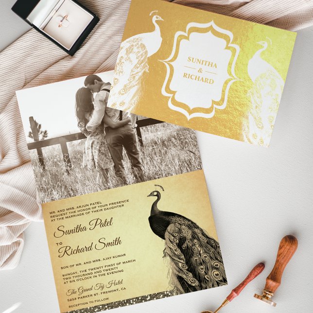 Goldfoil Sepia Peacock Foto Einladung zur Hochzeit (Von Creator hochgeladen)