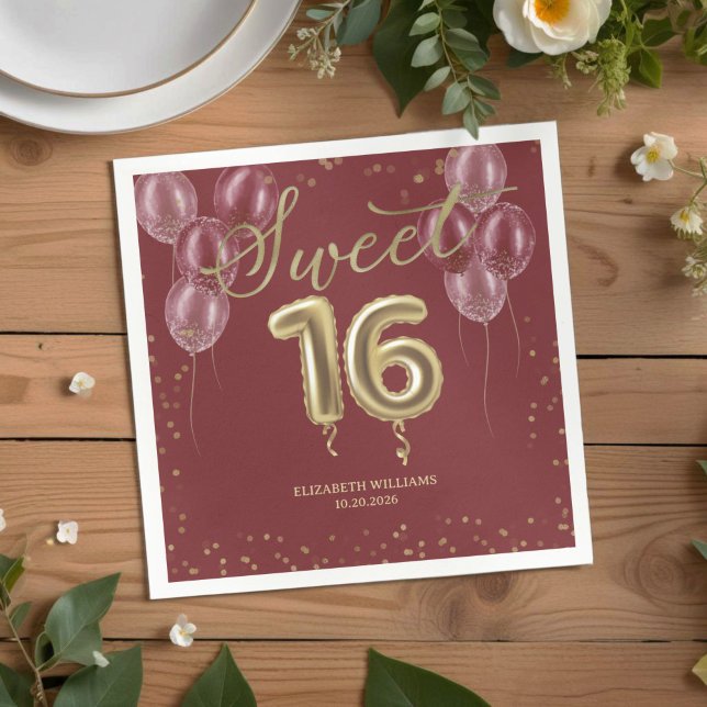 Goldfoil Sweet 16 Birthday Balloons Burgund Napk Serviette (Von Creator hochgeladen)