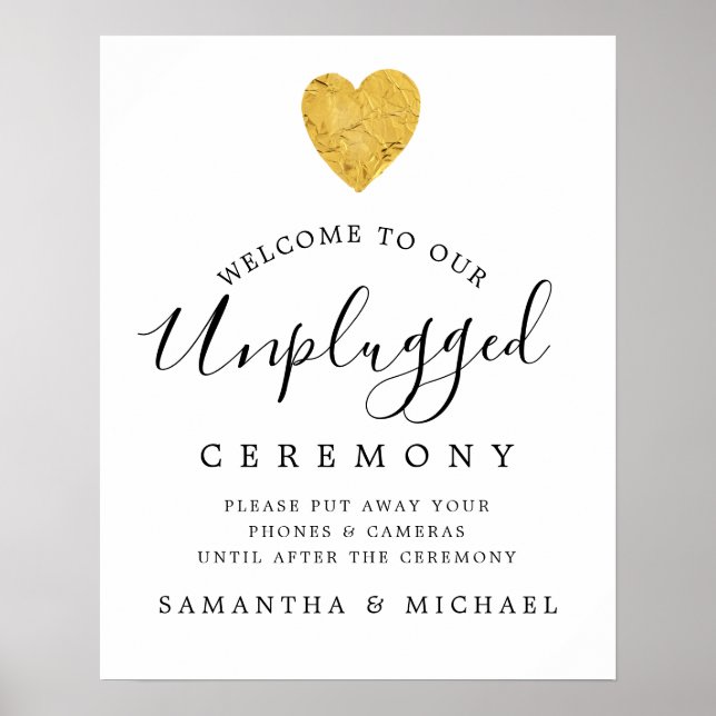 Goldfoilherz Unplugged Wedding Zeremony Sign Poster (Vorne)