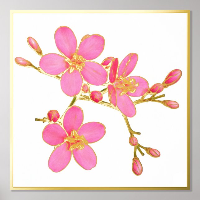 Goldfolie Akzente rosa Frühlingsblüten Print Poste Foliendrucke (Vorderseite)