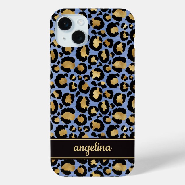 Goldfolie auf blauem Leopardenprint-Monogramm Case-Mate iPhone Hülle (Rückseite)