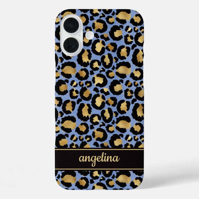 Goldfolie auf blauem Leopardenprint-Monogramm Case-Mate iPhone Hülle (Rückseite)