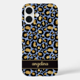 Goldfolie auf blauem Leopardenprint-Monogramm iPhone 16 Hülle