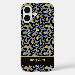 Goldfolie auf blauem Leopardenprint-Monogramm iPhone 16 Hülle