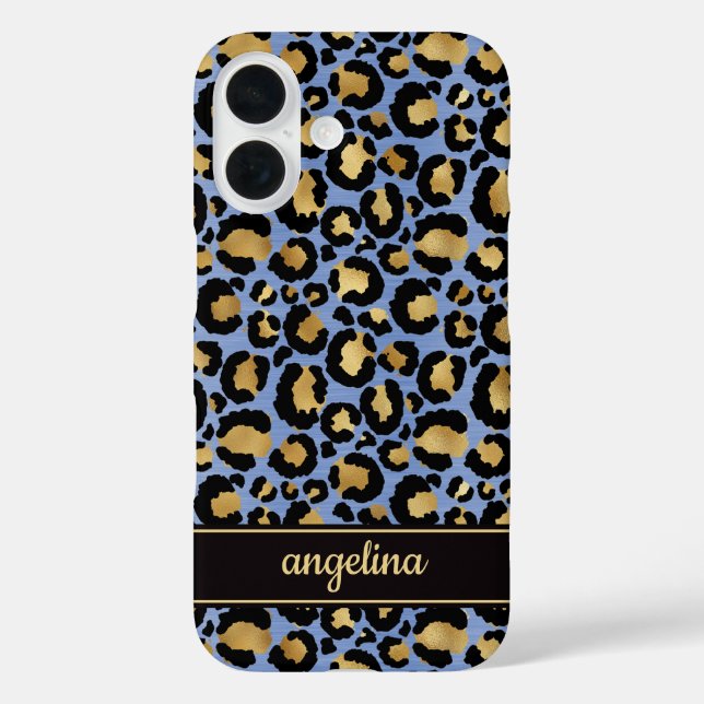Goldfolie auf blauem Leopardenprint-Monogramm Case-Mate iPhone Hülle (Rückseite)