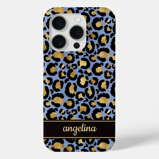 Goldfolie auf blauem Leopardenprint-Monogramm Case-Mate iPhone Hülle (Rückseite)