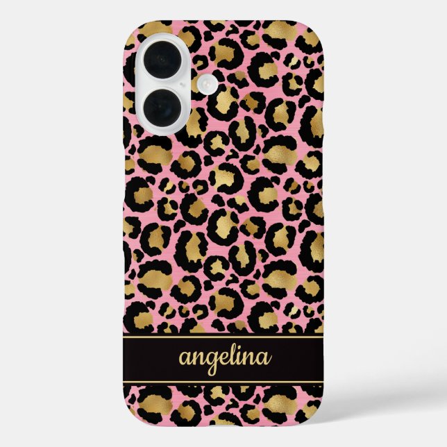 Goldfolie auf rosa Leopardenprint monogrammiert Case-Mate iPhone Hülle (Rückseite)