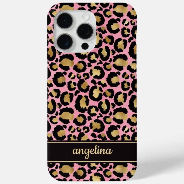 Goldfolie auf rosa Leopardenprint monogrammiert Case-Mate iPhone Hülle (Rückseite)