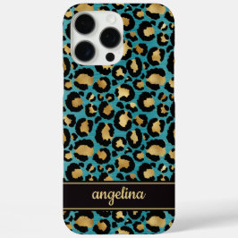 Goldfolie auf Teal-Leopardenprint-Monogramm iPhone 16 Pro Max Hülle
