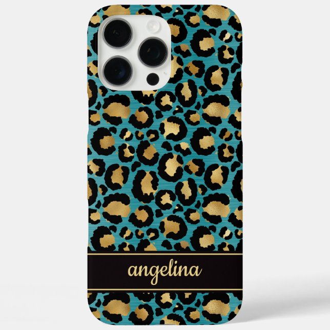 Goldfolie auf Teal-Leopardenprint-Monogramm Case-Mate iPhone Hülle (Rückseite)