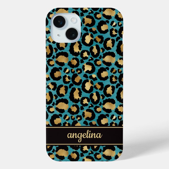 Goldfolie auf Teal-Leopardenprint Monogramm Case-Mate iPhone Hülle (Rückseite)