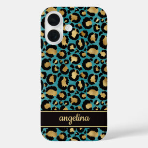 Goldfolie auf Teal-Leopardenprint Monogramm iPhone 16 Hülle