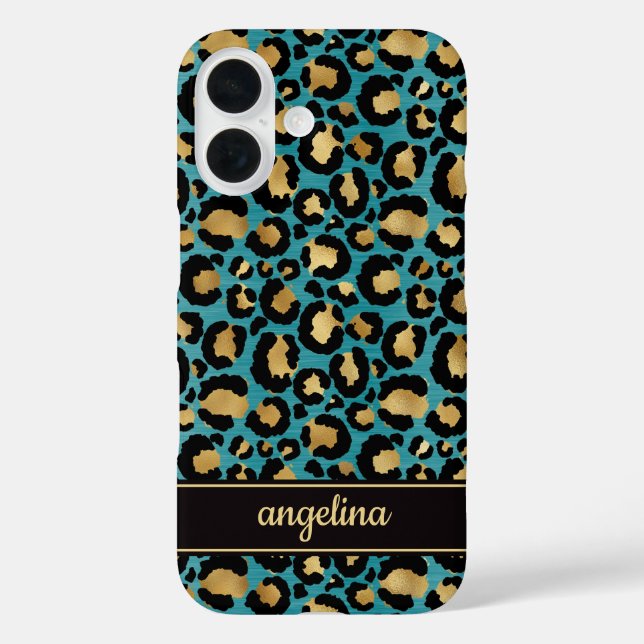 Goldfolie auf Teal-Leopardenprint Monogramm Case-Mate iPhone Hülle (Rückseite)