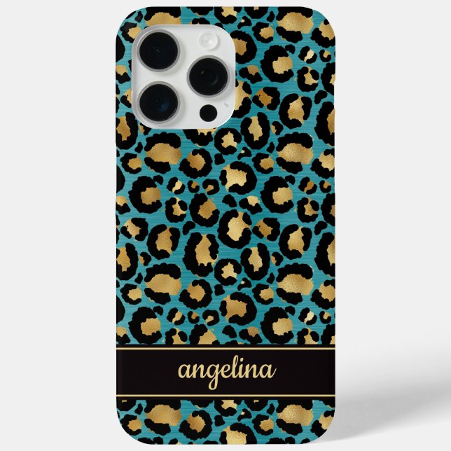 Goldfolie auf Teal-Leopardenprint Monogramm Case-Mate iPhone Hülle (Rückseite)