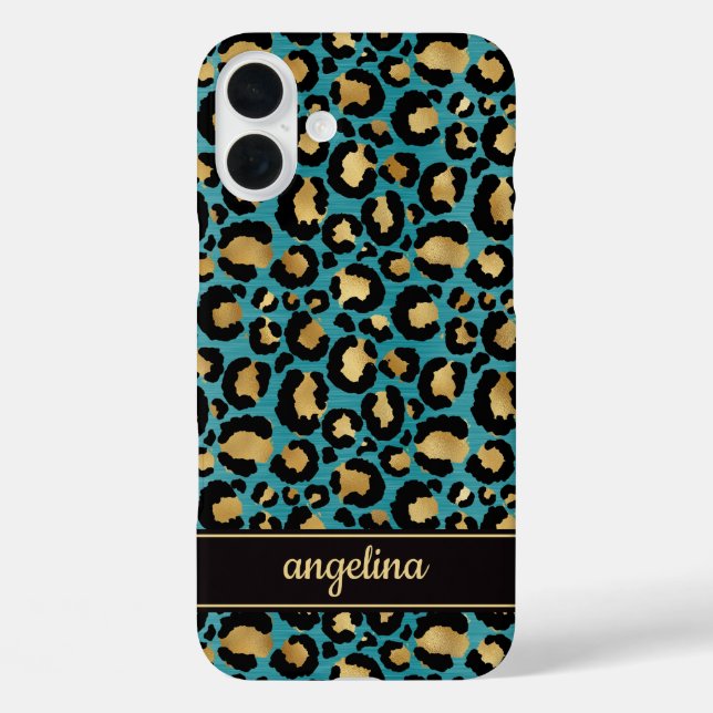 Goldfolie auf Teal-Leopardenprint monogrammiert Case-Mate iPhone Hülle (Rückseite)