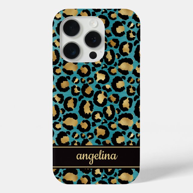 Goldfolie auf Teal-Leopardenprint monogrammiert Case-Mate iPhone Hülle (Rückseite)