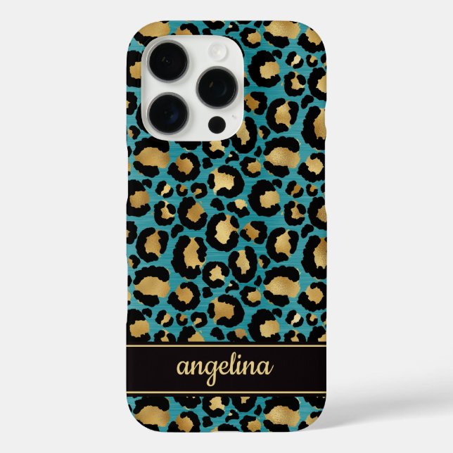 Goldfolie auf Teal-Leopardenprint monogrammiert Case-Mate iPhone Hülle (Rückseite)