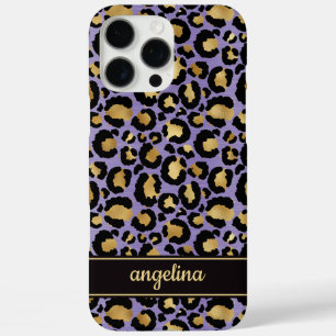 Goldfolie auf violettem Leopardenprint-Monogramm iPhone 16 Pro Max Hülle