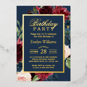 Goldfolie Birgundy Navy Floral Birthday Party Folieneinladung