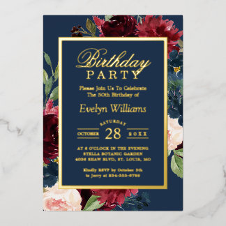 Goldfolie | Birgundy Navy Floral Birthday Party Folieneinladung