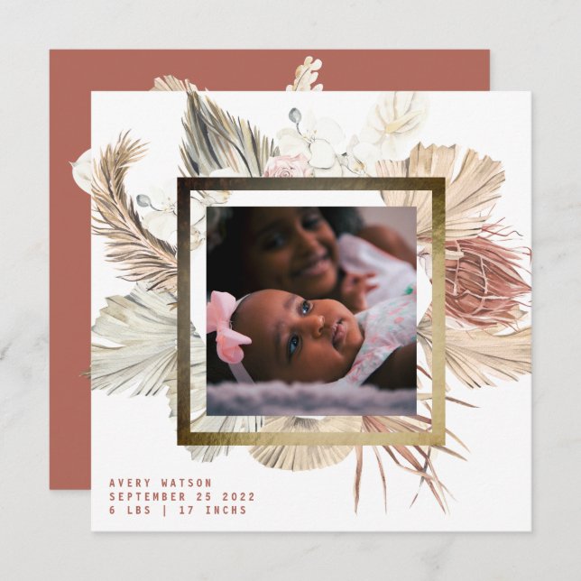 Goldfolie Boho Pampas Boho Foto Birth Ankündigung (Vorne/Hinten)