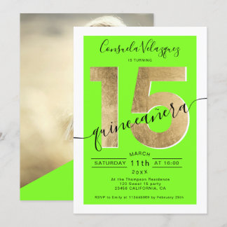 Goldfolie-Chic-Drehbuch Neon Green Quinceanera Fot Einladung