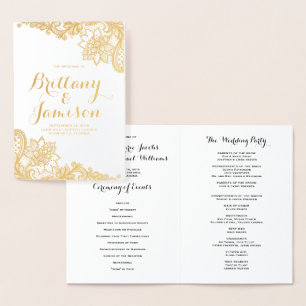 Goldfolie-Damask-Spitze Vintage-Hochzeitsprogramm Folienkarte