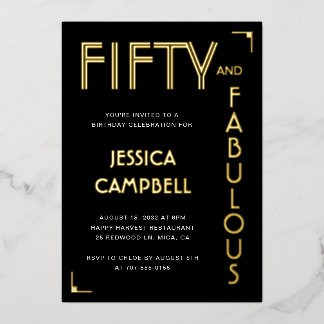 Goldfolie Fifty and Fabulous 50. Geburtstagsfeier Folieneinladung