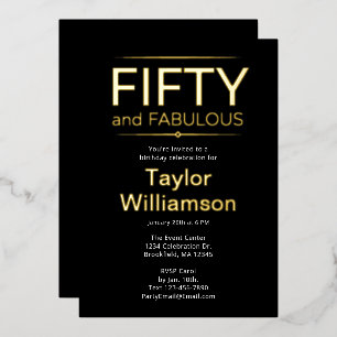 Goldfolie Fifty and Fabulous auf schwarzem weißen  Folieneinladung