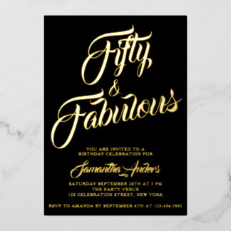Goldfolie Fifty and Fabulous Schriftzug 50. Geburt Folieneinladung
