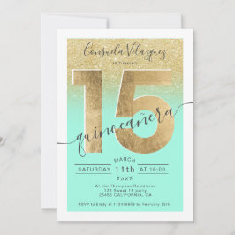 Goldfolie-Glitzer-Skript Minze Quinceanera-Foto Einladung