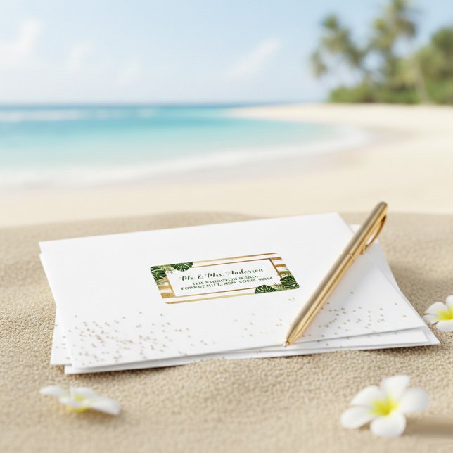 Goldfolie & Green Palm Leaf Beach Hochzeit Adressaufkleber (Von Creator hochgeladen)