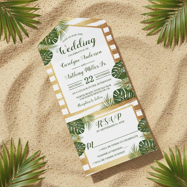 Goldfolie & Green Palm Leaf Beach Hochzeit All In One Einladung (Von Creator hochgeladen)