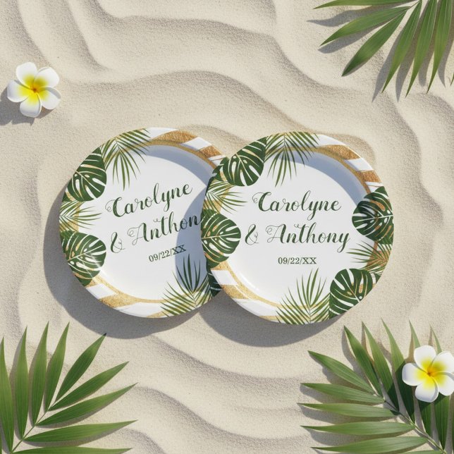 Goldfolie & Green Palm Leaf Beach Hochzeit Pappteller (Von Creator hochgeladen)