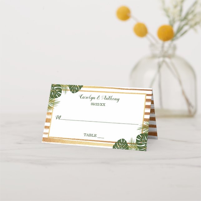 Goldfolie & Green Palm Leaf Beach Hochzeit Platzkarte (Vorderseite)