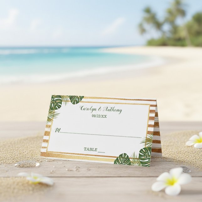 Goldfolie & Green Palm Leaf Beach Hochzeit Platzkarte (Von Creator hochgeladen)