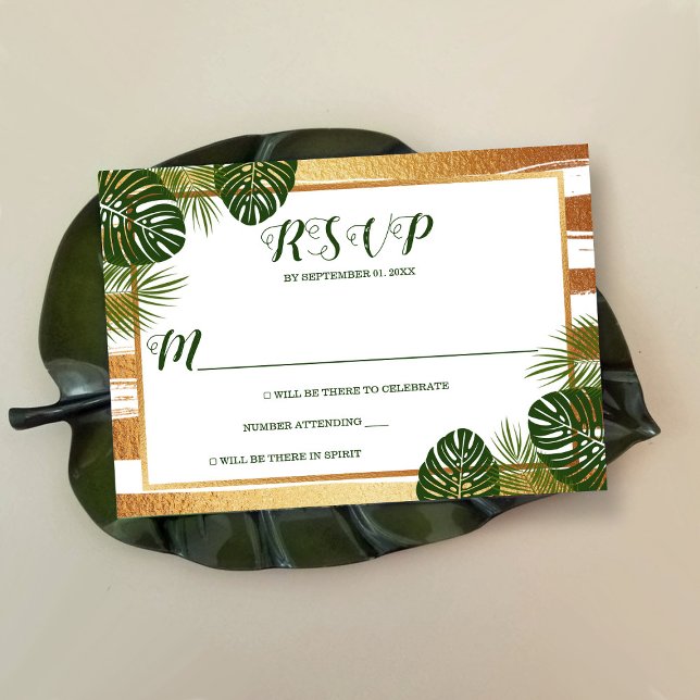 Goldfolie & Green Palm Leaf Beach Hochzeit RSVP Karte (Von Creator hochgeladen)