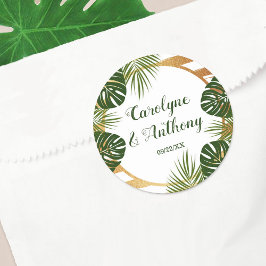 Goldfolie & Green Palm Leaf Beach Hochzeit Runder Aufkleber