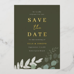 Goldfolie Grüne Blatt-Olive Hochzeit Termin merken Folieneinladung