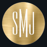 Goldfolie mit drei Buchstaben Monogram Runder Aufkleber<br><div class="desc">Ein einfaches,  dreiteiliges Monogramm-Design für Gunst-Aufkleber. Hochzeitspaar 3-Buchstaben-Monogramm-Umschlag Aufkleber. Im Hintergrund befindet sich eine Imitat goldene,  ombre metallische Folie mit digitaler Kunstgrafik. Der digitale Kunsteffekt druckt wie ein Foto mit einem mit Monogramm Textdesign.</div>