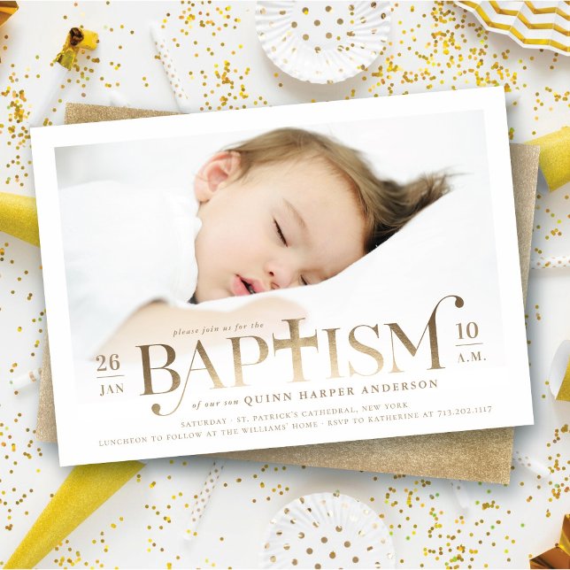 Goldfolie Modernes, feines Cross-Stilvolles Taufe- Einladung (Faux Gold Foil Modern Classic Bold Cross Stylish Baptism Photo Invitation @ fat_fa_tin)