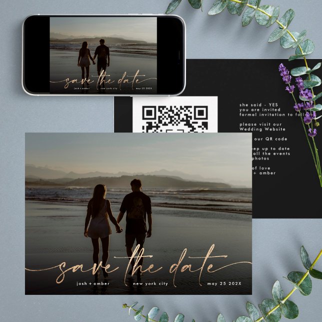 Goldfolie Onyx Black Modern Foto QR Code Save The Date (Von Creator hochgeladen)
