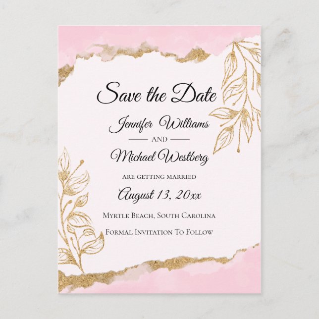 Goldfolie Pink Wasserfarben Save the Date Postkarte (Vorderseite)