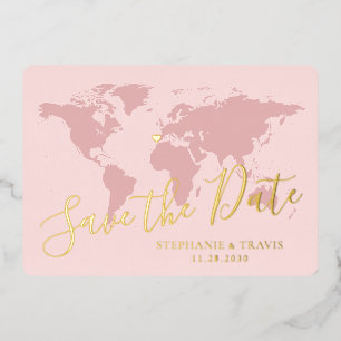 Goldfolie Rosa Weltkarte Reiseziel Save the Date Folieneinladung