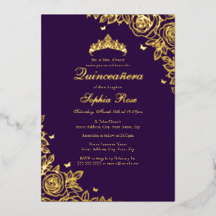 Goldfolie Rose Purple Quinceanera Geburtstag  Folieneinladung