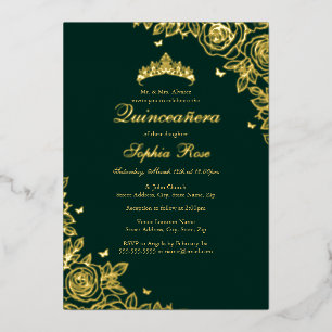 Goldfolie Rose Smaragd Quinceanera Geburtstag Folieneinladung