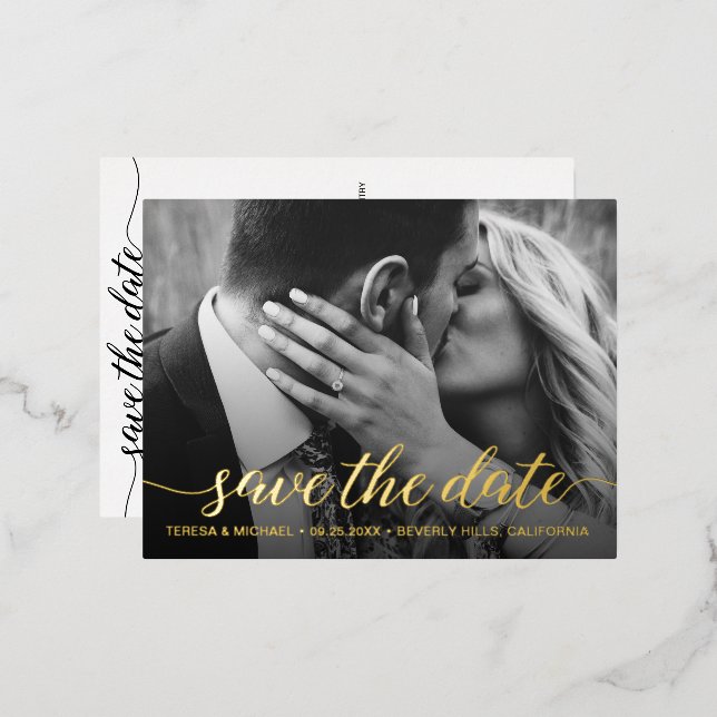 Goldfolie Save the Date Foto Hochzeit Moderne Folie Einladungspostkarte (Vorderseite/Rückseite)